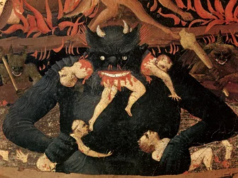 Het Laatste Oordeel, detail van Satan die de verdoemden in de hel verslindt, ca. 1431